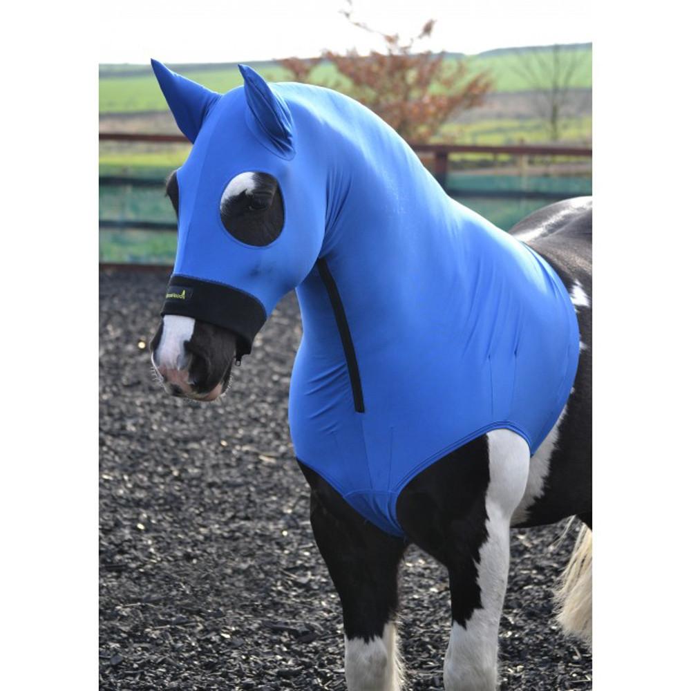 Piebald horse wearing a blue HORZEHOODS stretch hood with ear covers and eye holes, standing in a paddock.