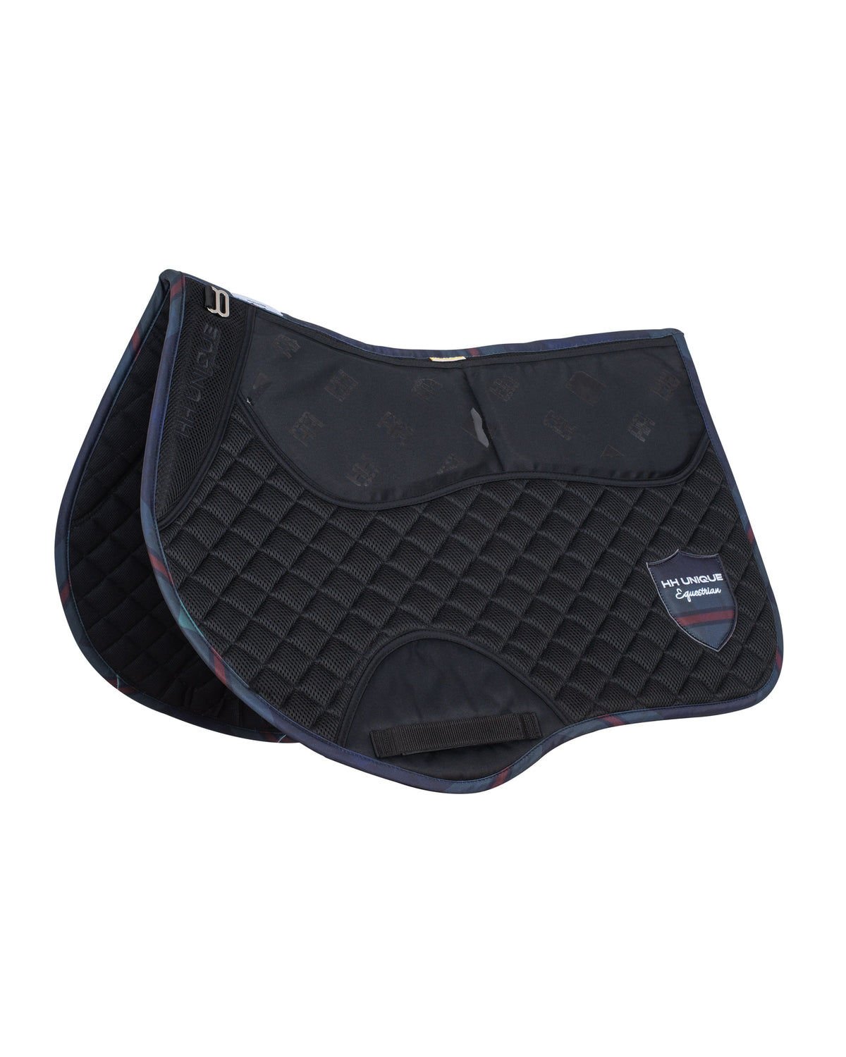 Horzehoods Black Shims AirGel Correction Pad for GP and jumping, a quilted saddle pad with deeper saddle patch, angled view