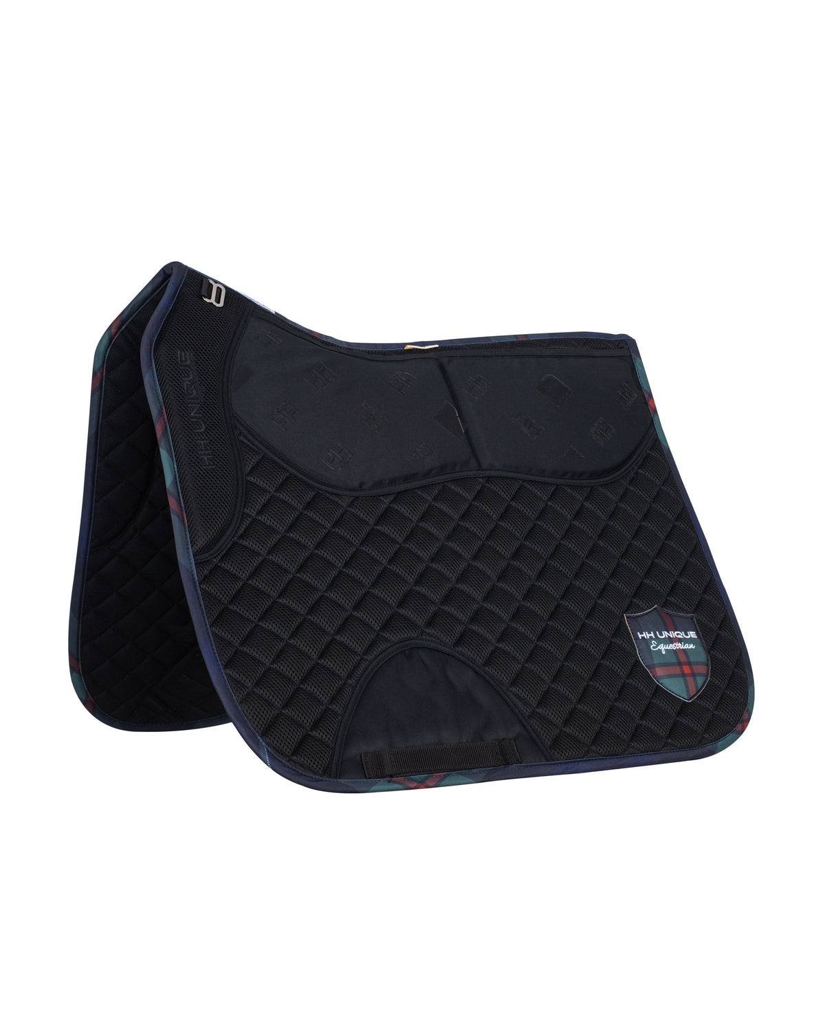 Horzehoods Black Shims AirGel Correction Pad for dressage, a quilted square saddle pad with deeper saddle patch, angled view