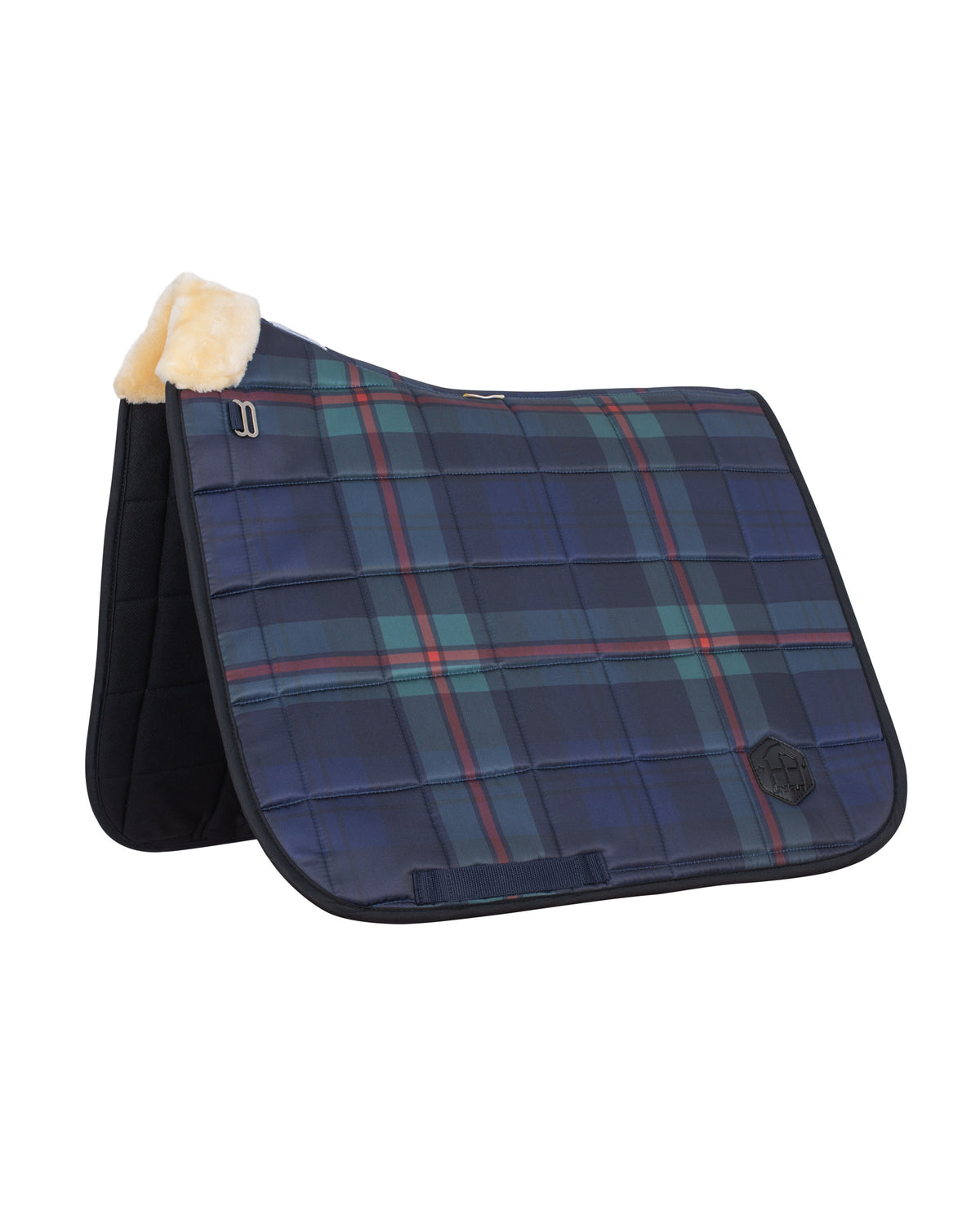 Horzehoods Manor Green Tartan FlexiTabz dressage pad in green and navy tartan with navy trim and cream wither lining