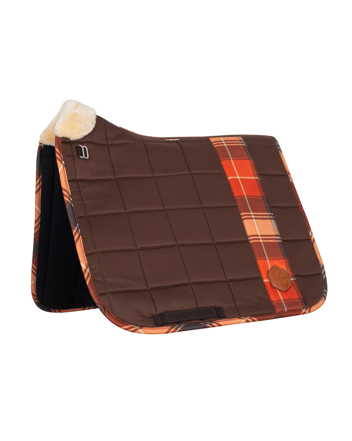 Horzehoods Brown and Orange Tartan FlexiTabz dressage pad, quilted brown with tartan panel, orange trim and cream lining