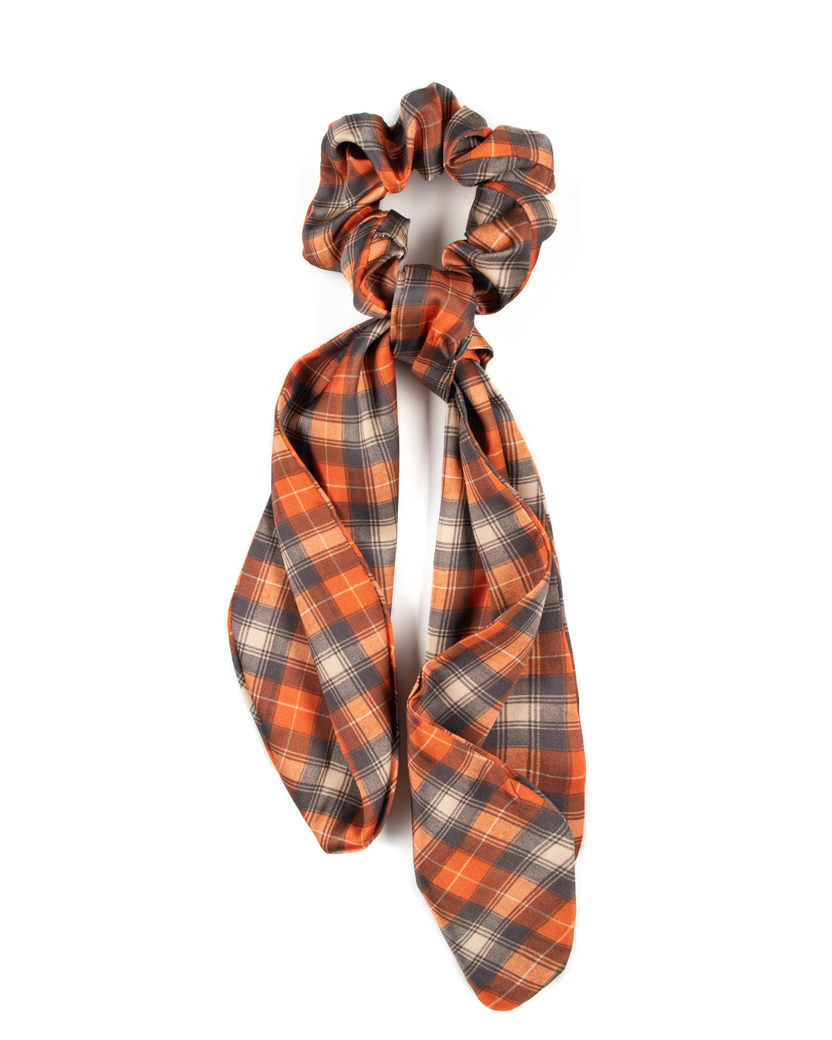 Horzehoods Orange and Brown Tartan hair tie ribbon scrunchie with long tartan ribbon tails