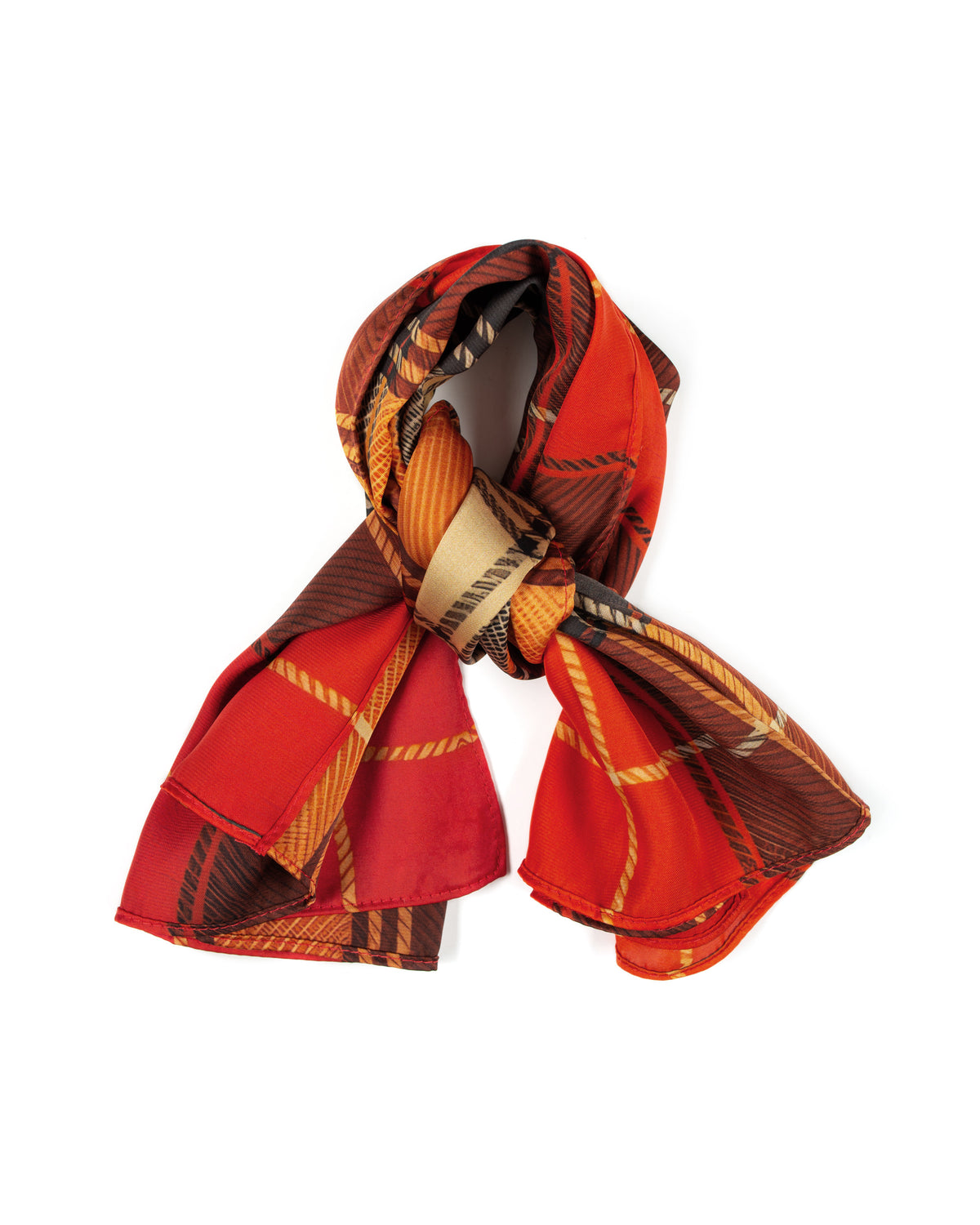Horzehoods Brown and Orange Tartan silk scarf, loosely knotted to show the check pattern