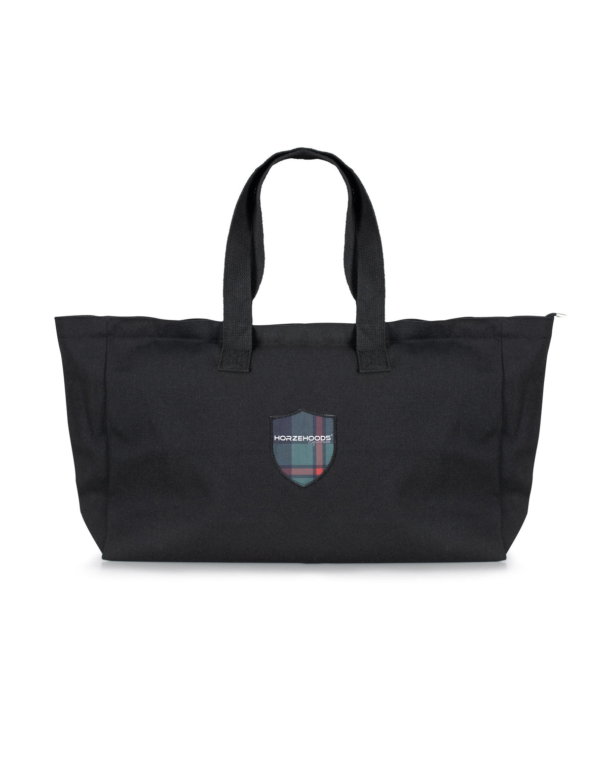 Horzehoods Heritage Sportz Bits and Boots bag in navy canvas with navy tartan shield and webbing handles, front view