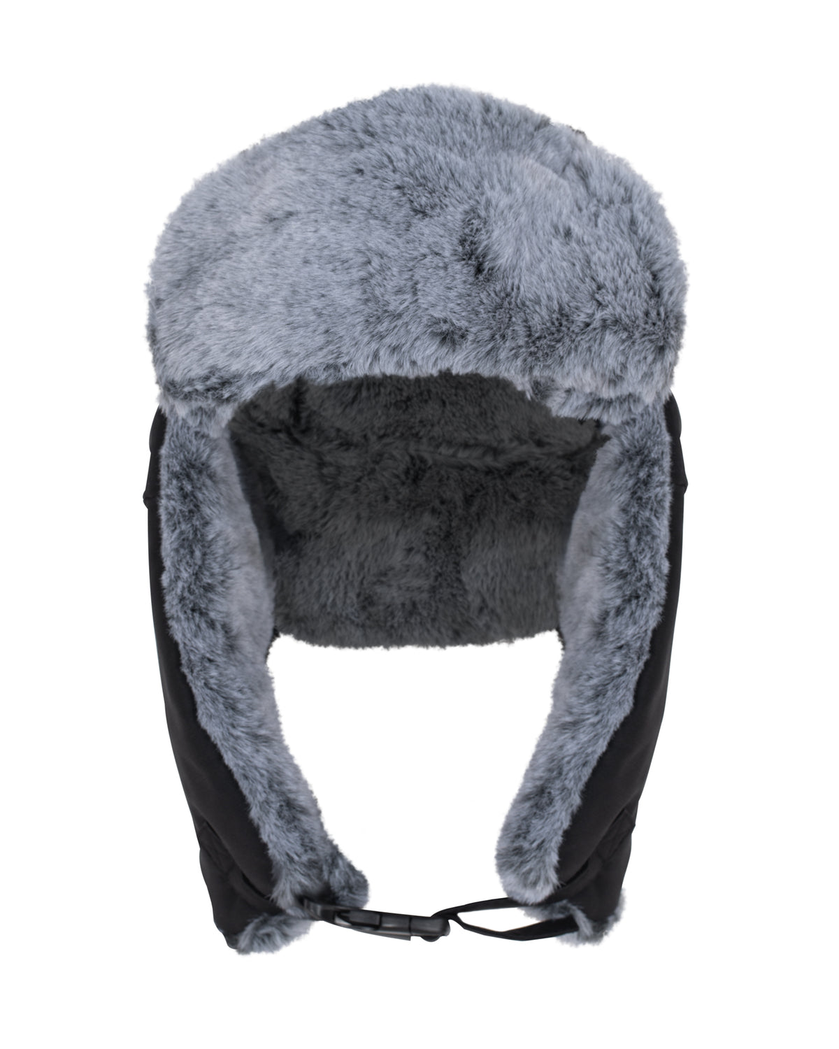 Horzehoods Black Trapper hat with grey fleece lining, ear flaps and chin strap, front view
