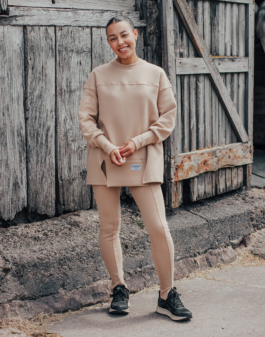 Person wearing HORZEHOODS® Deluxe Beige Kangaroo Crew