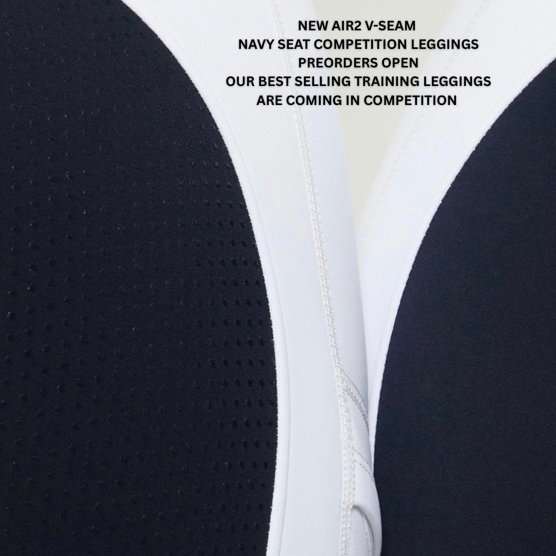 HORZEHOODS® Coming Soon White Navy Seat V - Seam Air2 Competition Leggings - Horzehoods