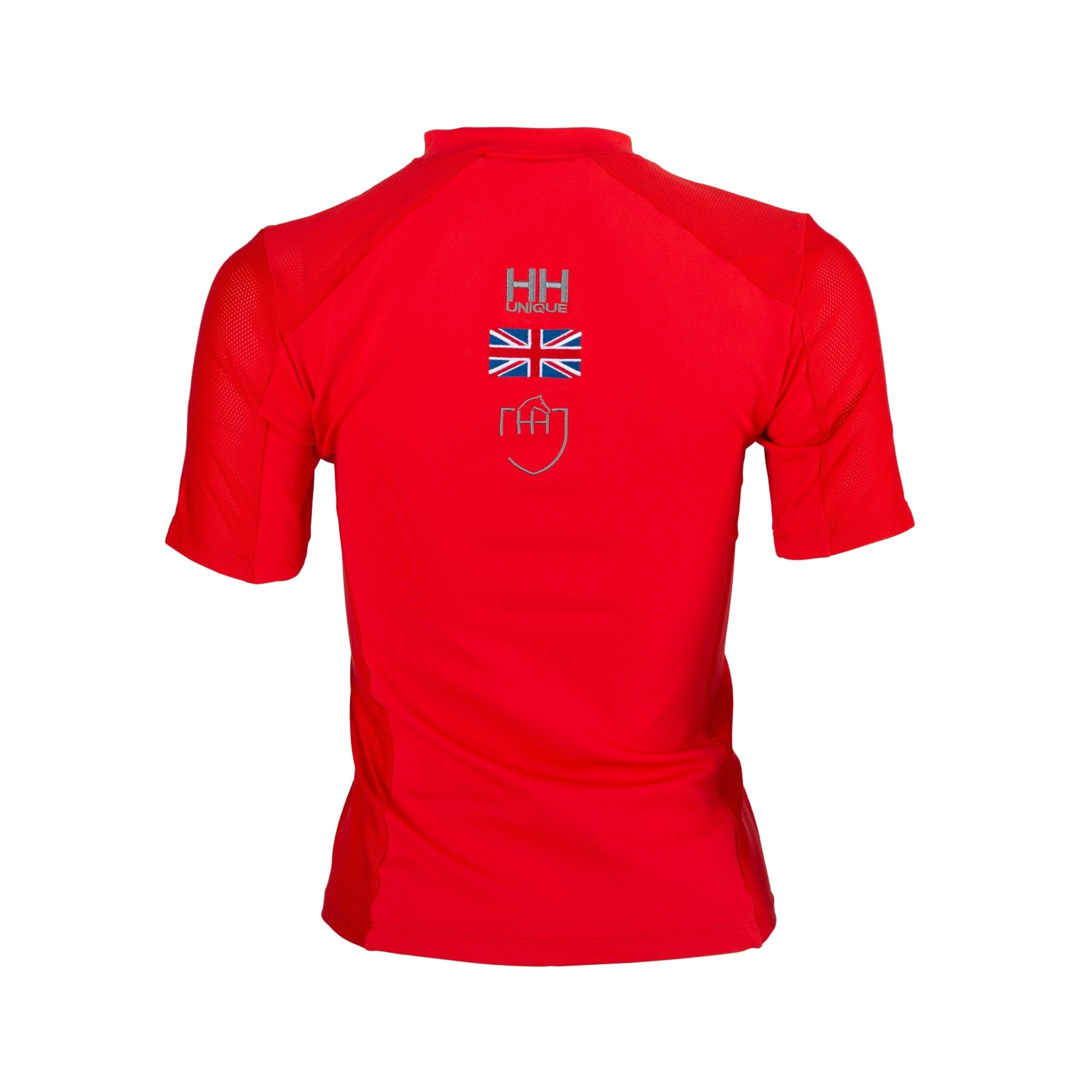 Back view of red short sleeve mesh breathable with embroidery work horzehoods