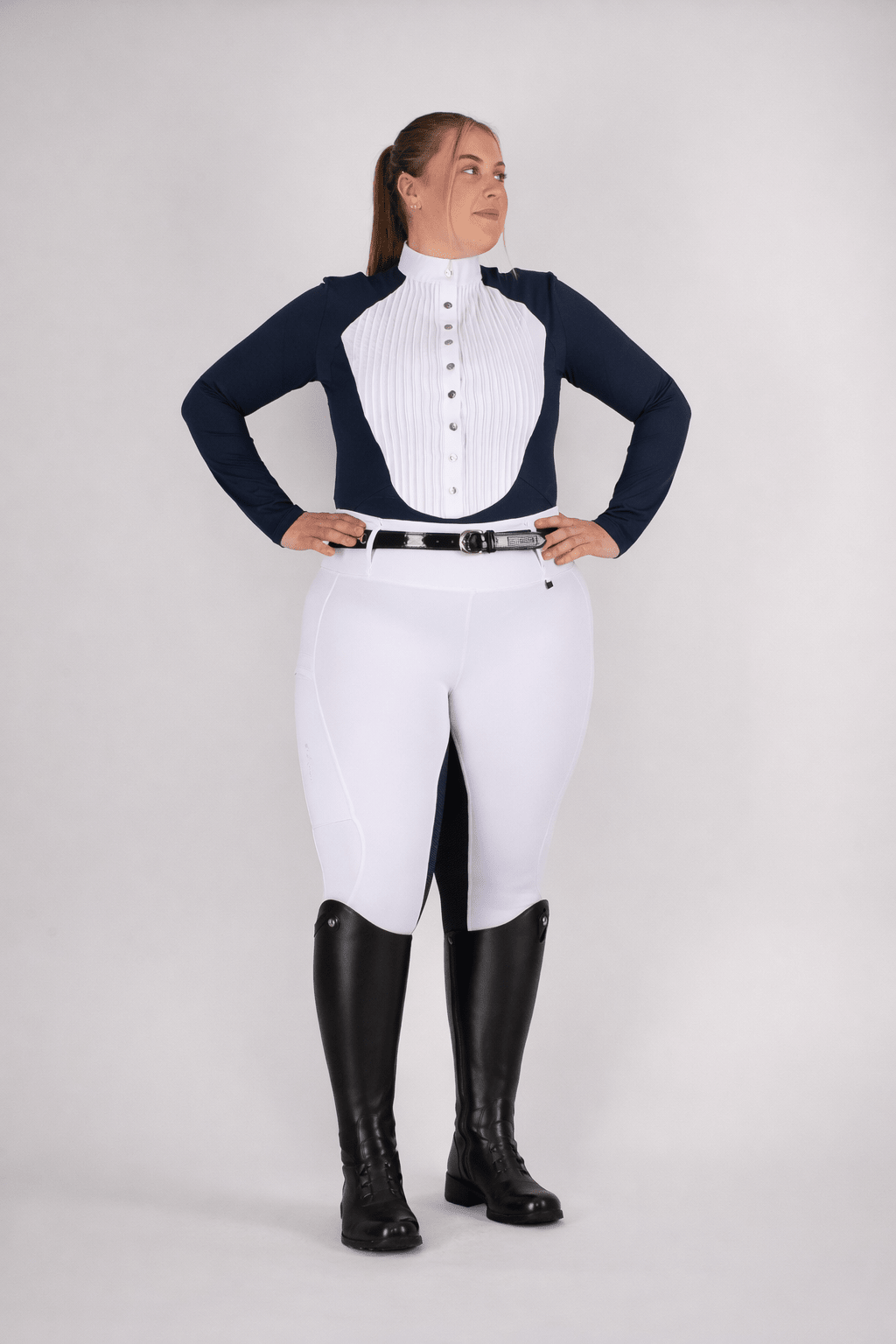 HORZEHOODS® Long Sleeve Classic Neck Tudor Competition Shirt – Navy/White Contrast - Horzehoods5056725016852