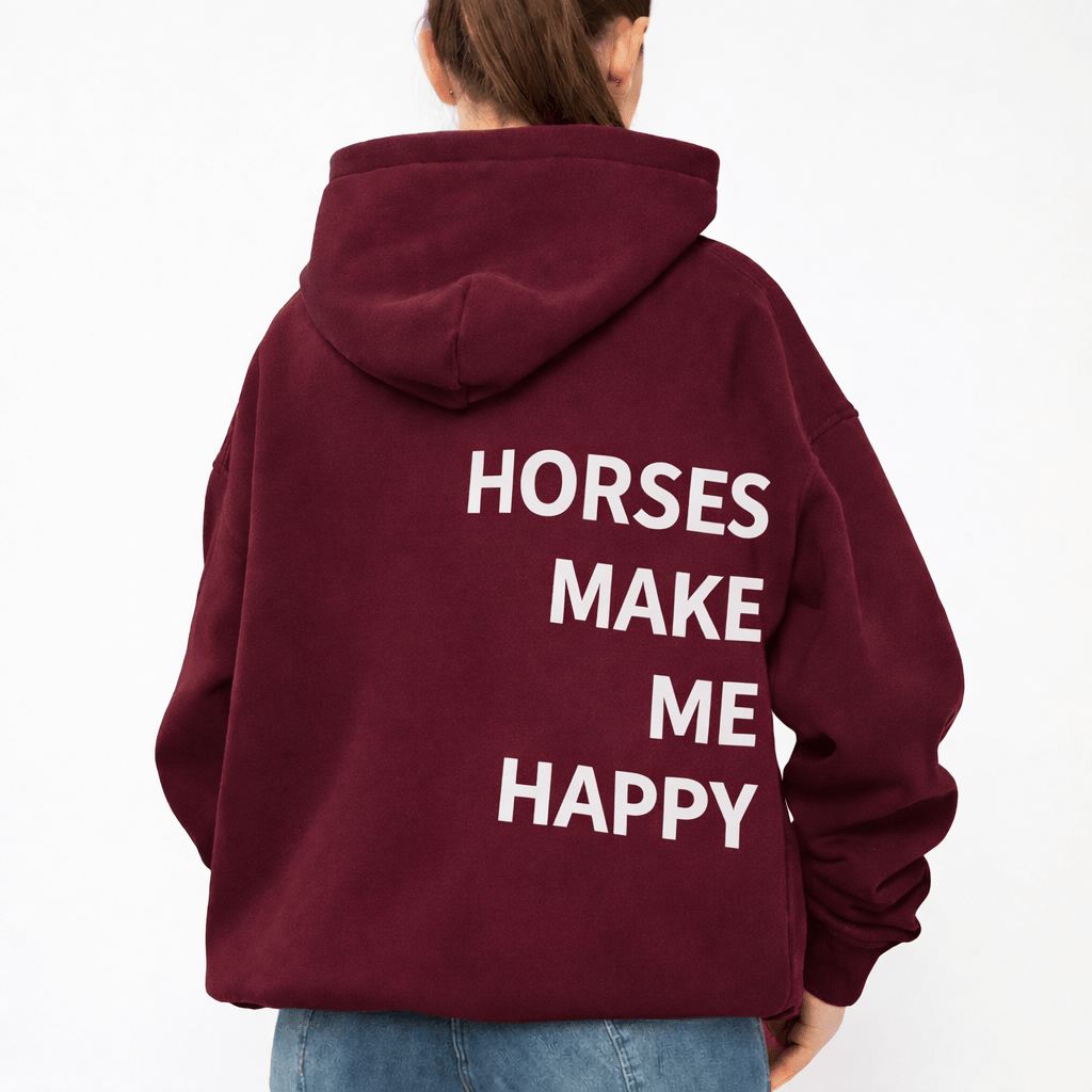 HORZEHOODS® Maroon Basicz Oversized 'Horses make me Happy' Hoodie - Horzehoods5056725026707