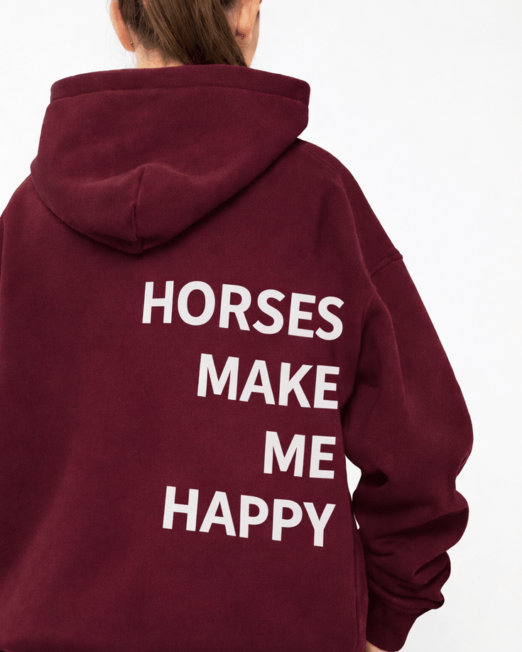 HORZEHOODS® Maroon Basicz Oversized 'Horses make me Happy' Hoodie - Horzehoods5056725026707