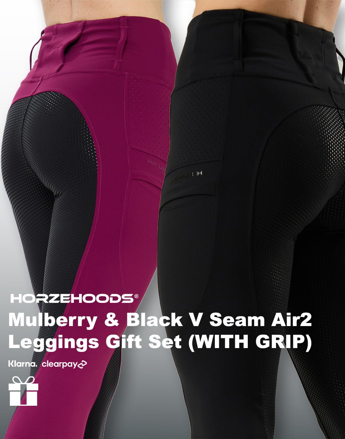 HORZEHOODS® Mulberry and Black V Seam Air2 Leggings (WITH GRIP) Gift Set (Bundle & Save) - Horzehoods