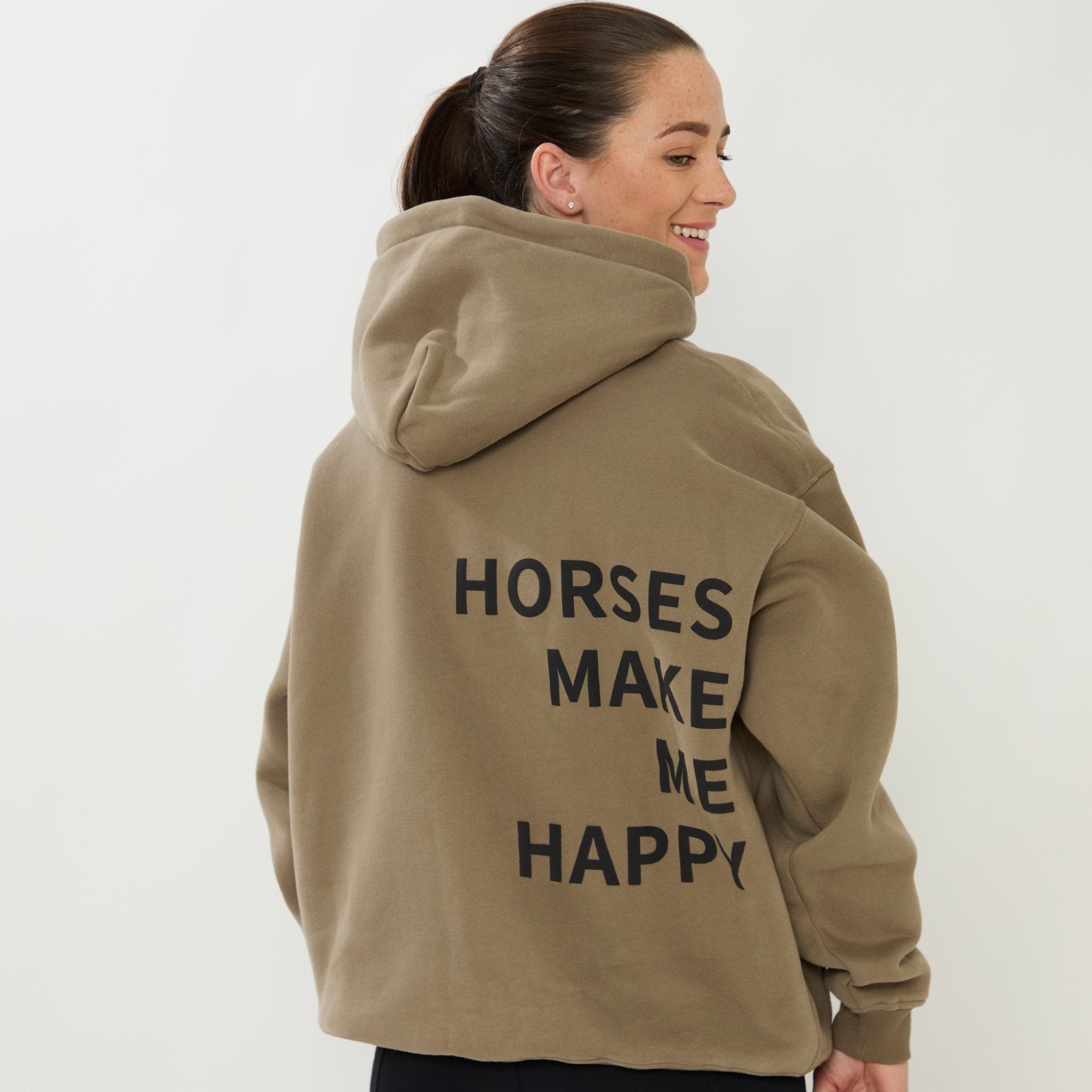 HORZEHOODS® Olive Basicz Oversized 'Horses make me Happy' Hoodie - Horzehoods5056725021528