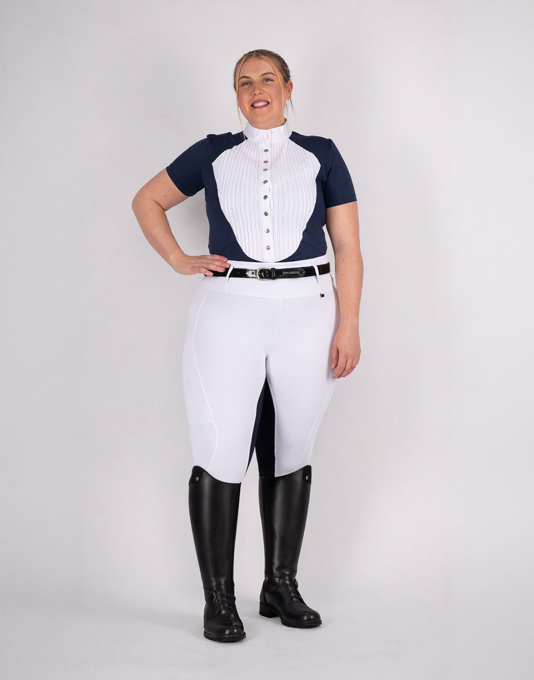 HORZEHOODS® Short Sleeve Classic Neck Tudor Competition Shirt – Navy/White Contrast - Horzehoods5056725016951