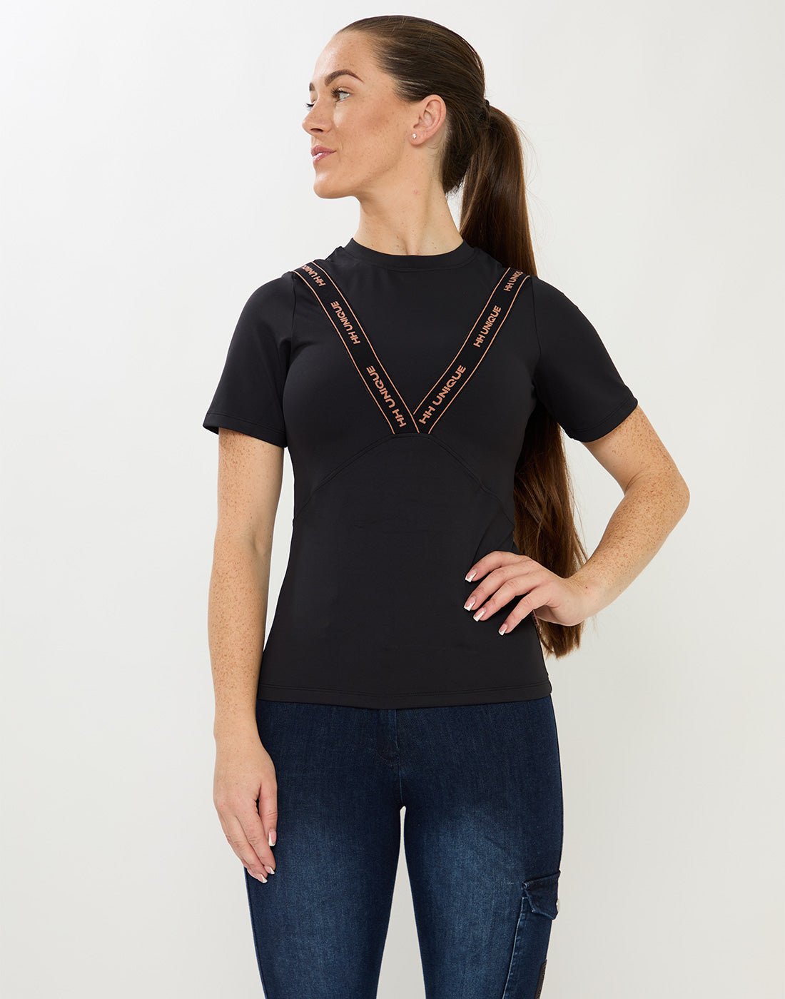 HORZEHOODS® VeeTee Black & Rose Short Sleeve Comfort Stretch Top - Horzehoods5056725024581