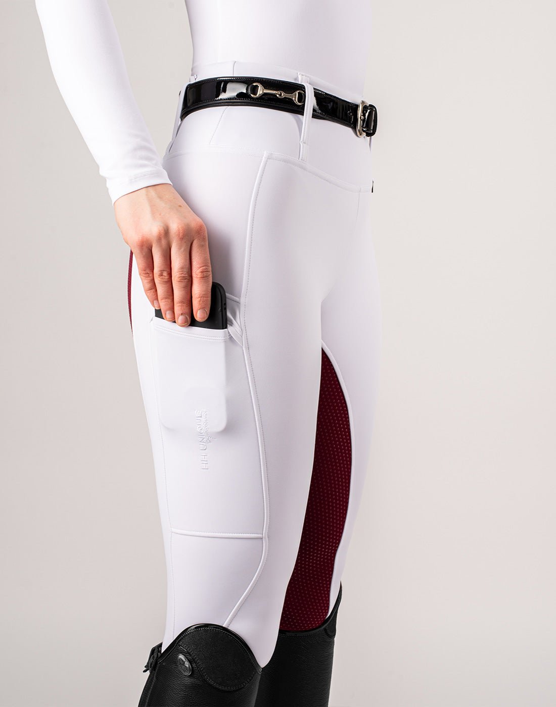 HORZEHOODS® White & Burgundy Competition Leggings | Riding Tights - Horzehoods5056725026165