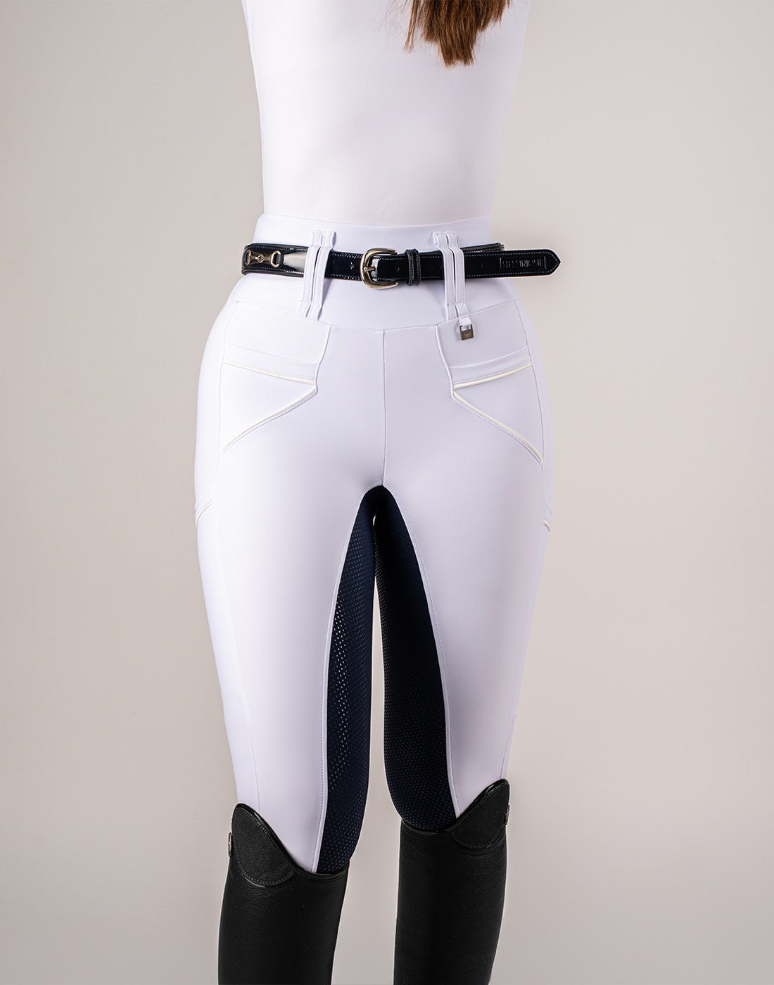 HORZEHOODS® White & Navy Competition Tabatha Tech Breggings - Horzehoods5056725027247