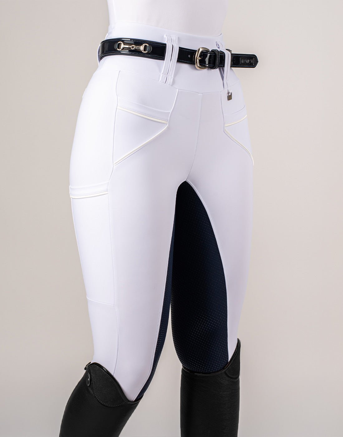 HORZEHOODS® White & Navy Competition Tabatha Tech Breggings - Horzehoods5056725027247