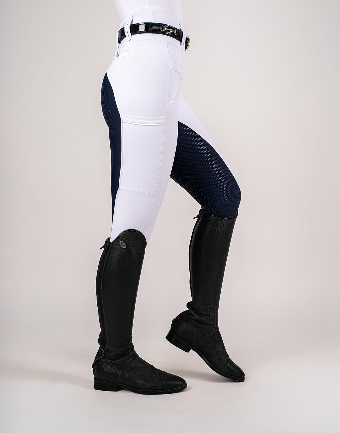 HORZEHOODS® White & Navy Competition Tabatha Tech Breggings - Horzehoods5056725027247