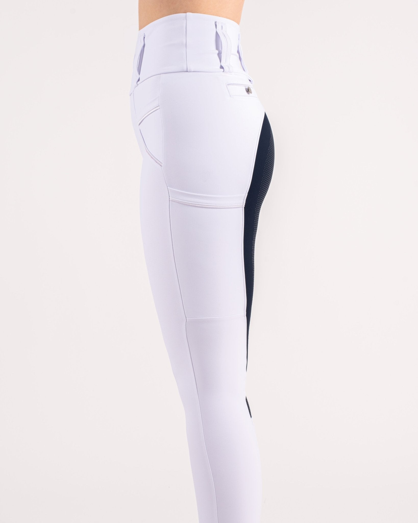 HORZEHOODS® White & Navy Competition Tabatha Tech Breggings - Horzehoods