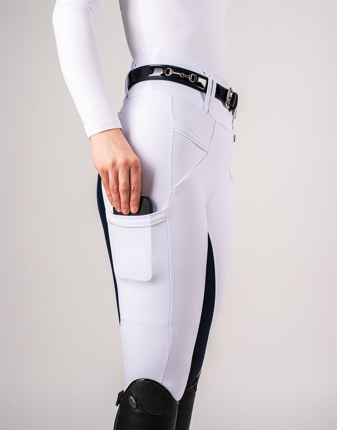 HORZEHOODS® White & Navy Competition Tabatha Tech Breggings - Horzehoods5056725027247