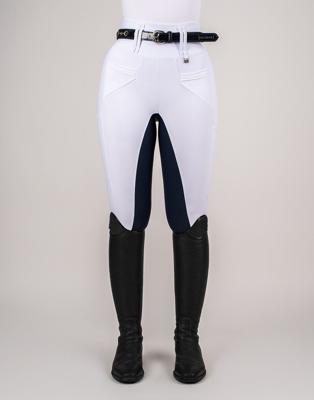 HORZEHOODS® White & Navy Competition Tabatha Tech Breggings - Horzehoods5056725027247