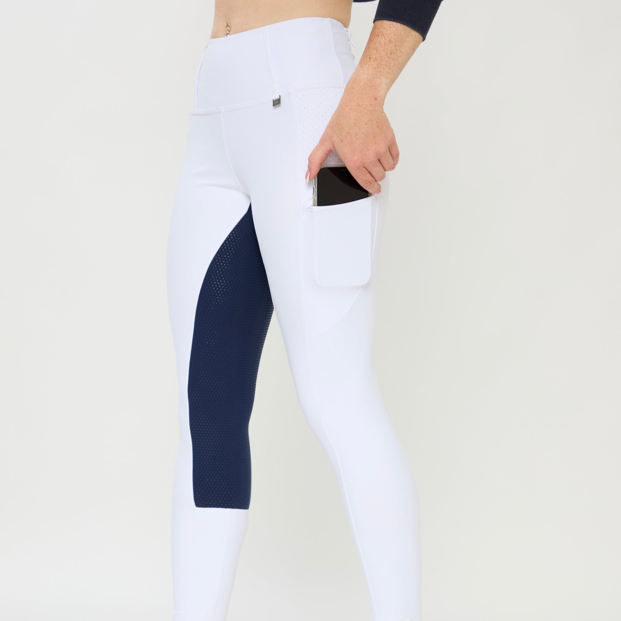HORZEHOODS® White Navy Seat V - Seam Air2 Competition Leggings - Horzehoods5056725017897