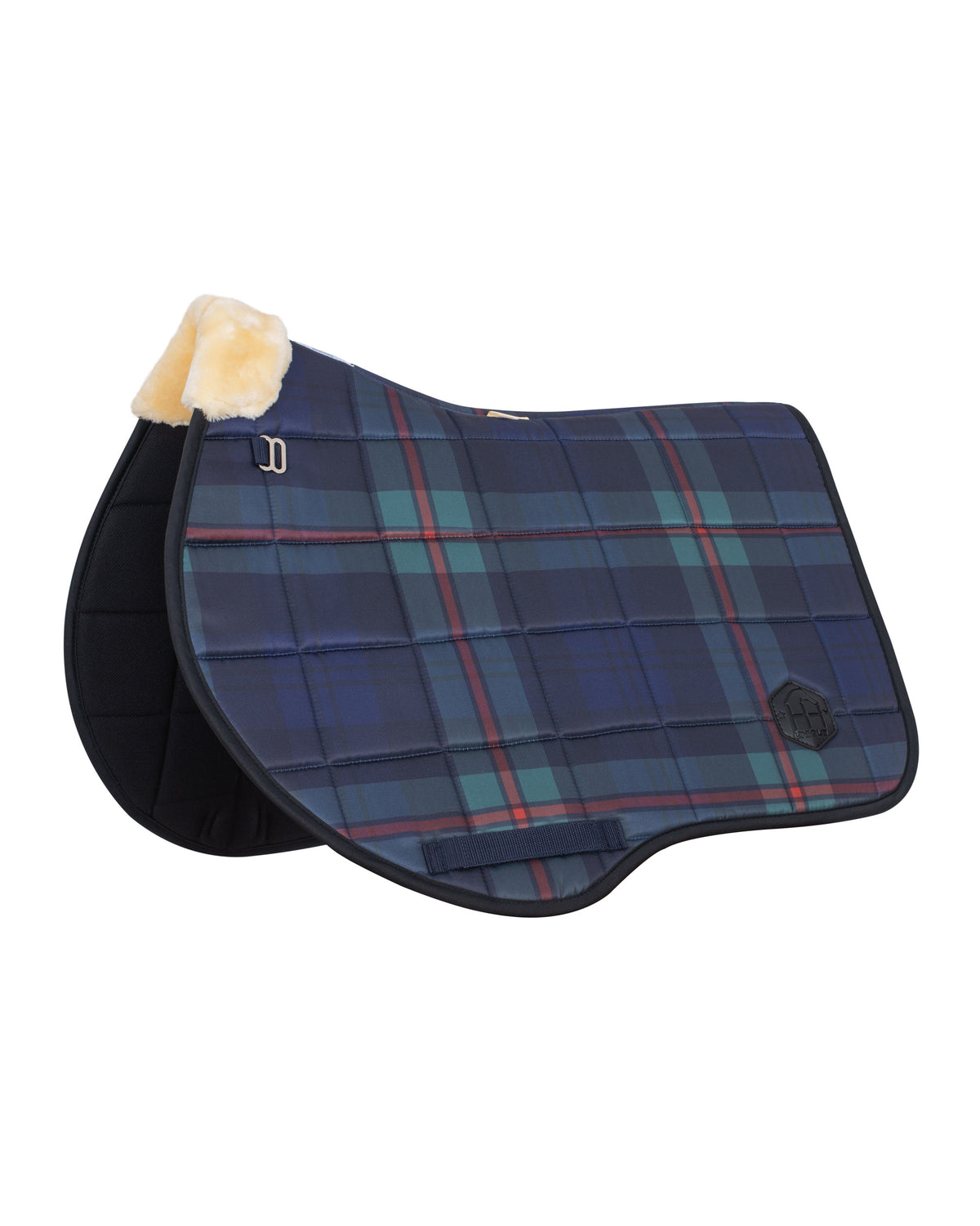 Horzehoods Manor Green Tartan FlexiTabz GP jump pad in green and navy tartan with navy trim and cream wither lining