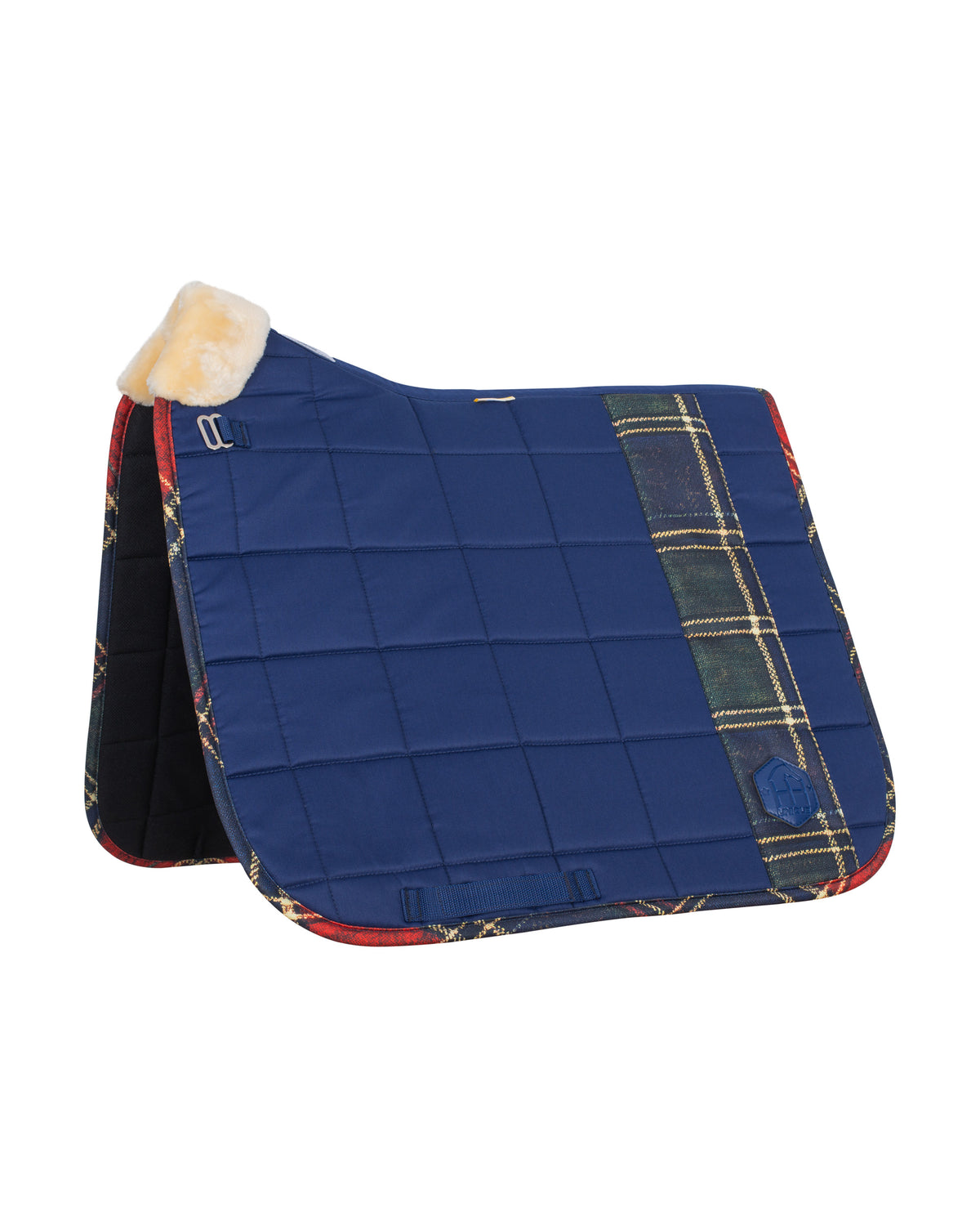 Horzehoods Navy and Red Tartan FlexiTabz dressage pad, quilted navy with tartan panel, red trim and cream wither lining