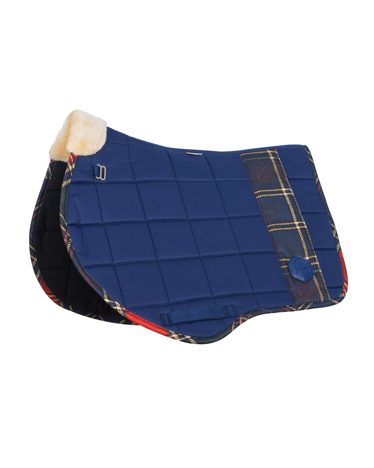 Horzehoods Navy and Red Tartan FlexiTabz GP jump pad, quilted navy with tartan panel, red trim and cream wither lining
