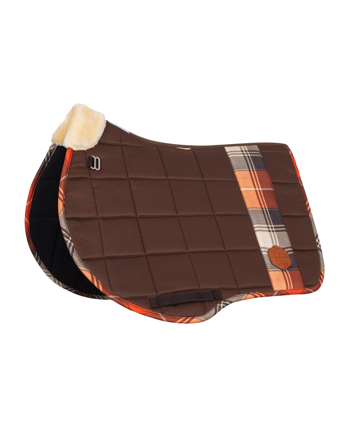 Horzehoods Brown and Orange Tartan FlexiTabz GP jump pad, quilted brown with tartan panel, orange trim and cream lining