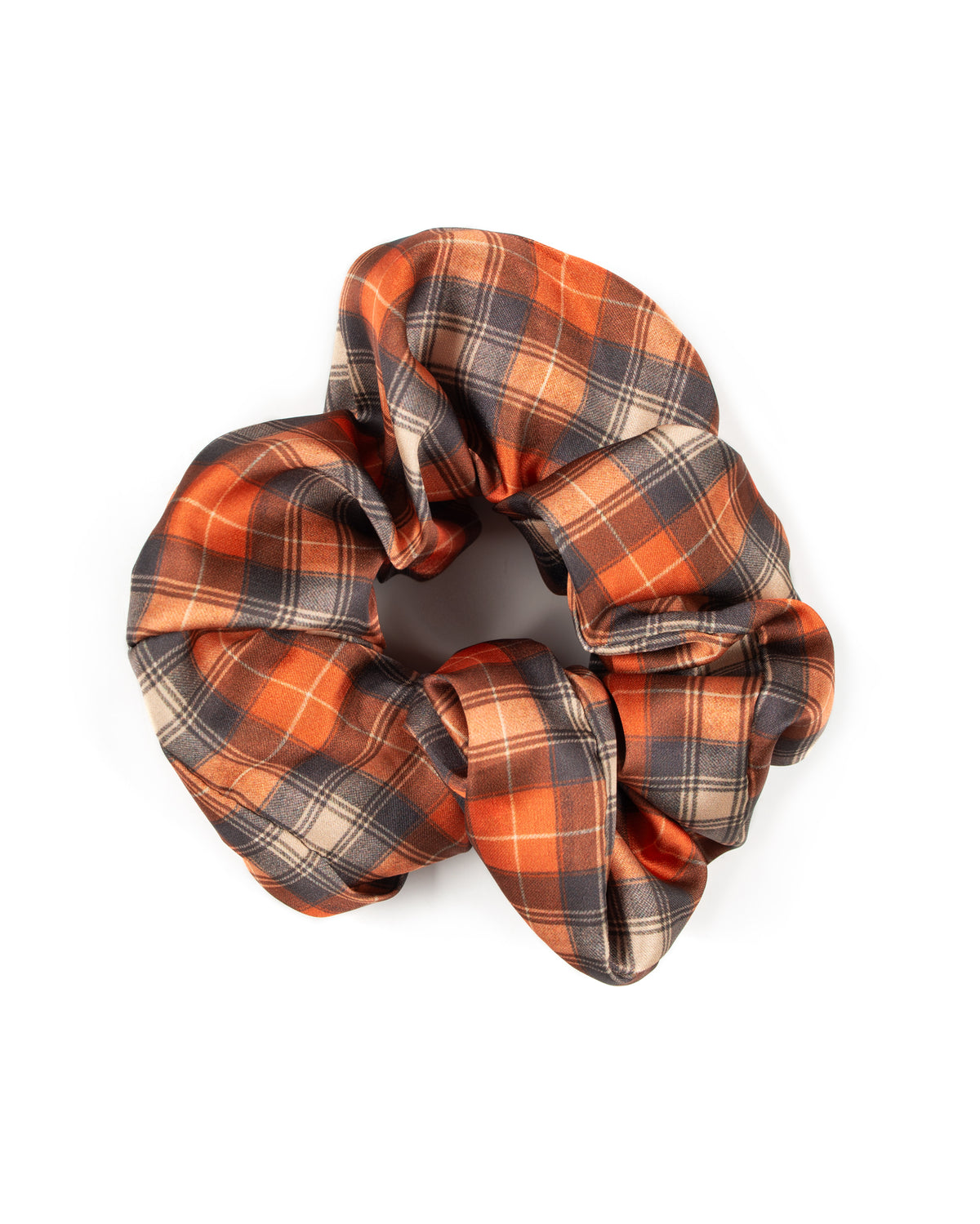 Horzehoods Orange and Brown Tartan hair scrunchie bobble in a soft gathered tartan fabric