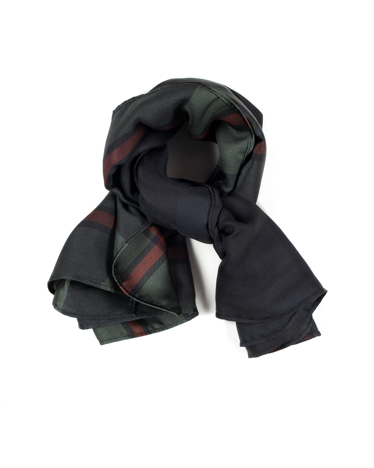 Horzehoods Black and Manor Green Tartan silk scarf, loosely knotted to show the tartan pattern