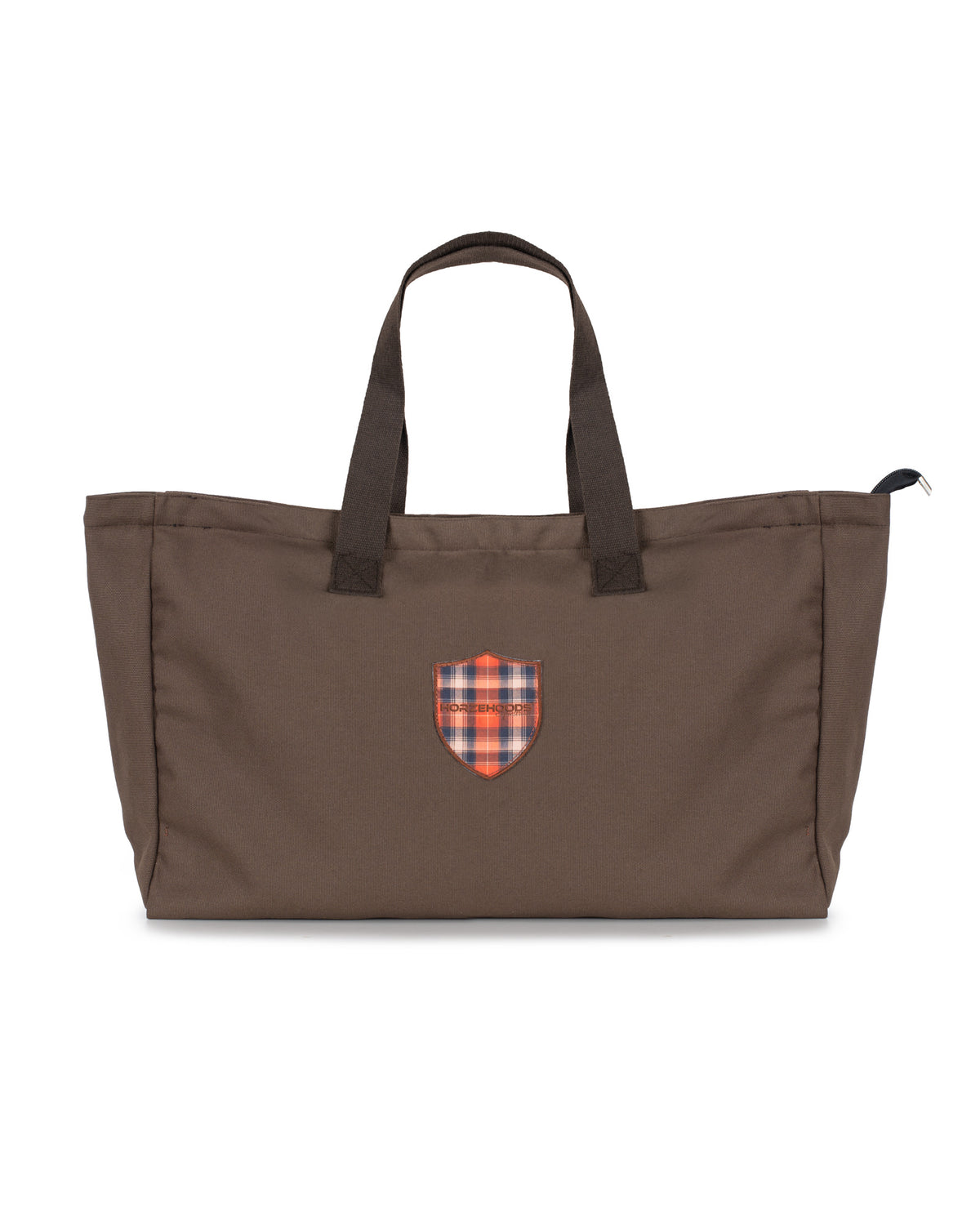 Uploaded image
Horzehoods Heritage Sportz Bits and Boots bag in brown canvas with orange tartan shield and webbing handles, front view