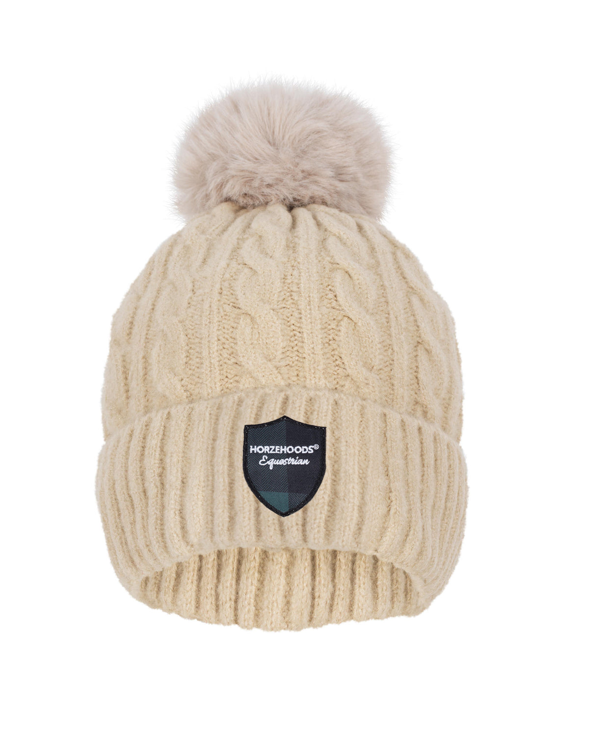 Horzehoods Cream Woolly fleece lined cable knit hat with bobble and shield logo on the front