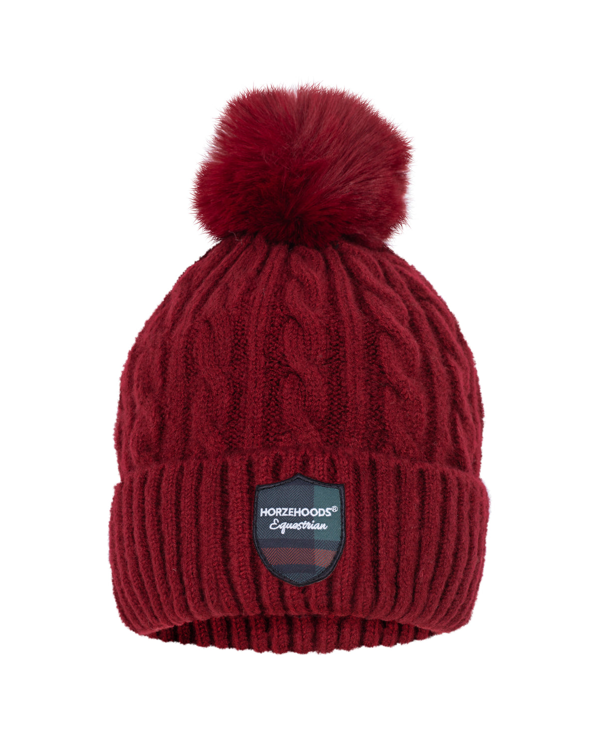 Horzehoods Wine Woolly fleece lined cable knit hat with bobble and tartan shield logo on the front
