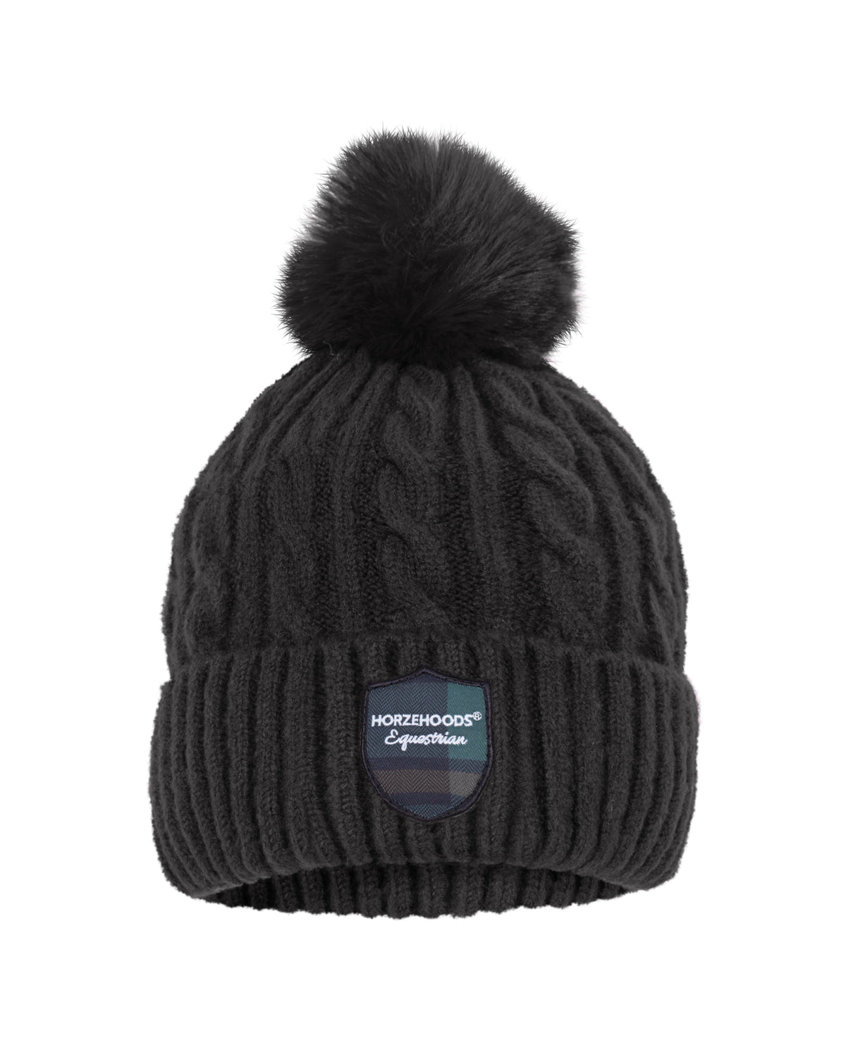 Horzehoods Black Woolly fleece lined cable knit hat with bobble and tartan shield logo on the front