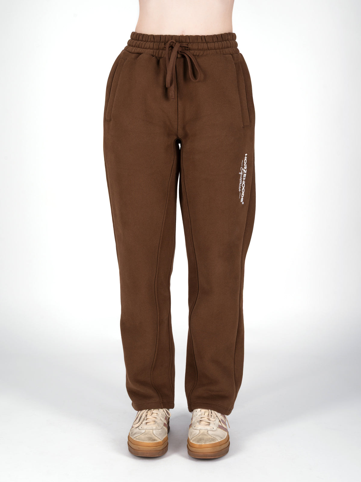 Horzehoods Brown Basicz relaxed jersey joggers with drawstring waist, front view worn by a model
