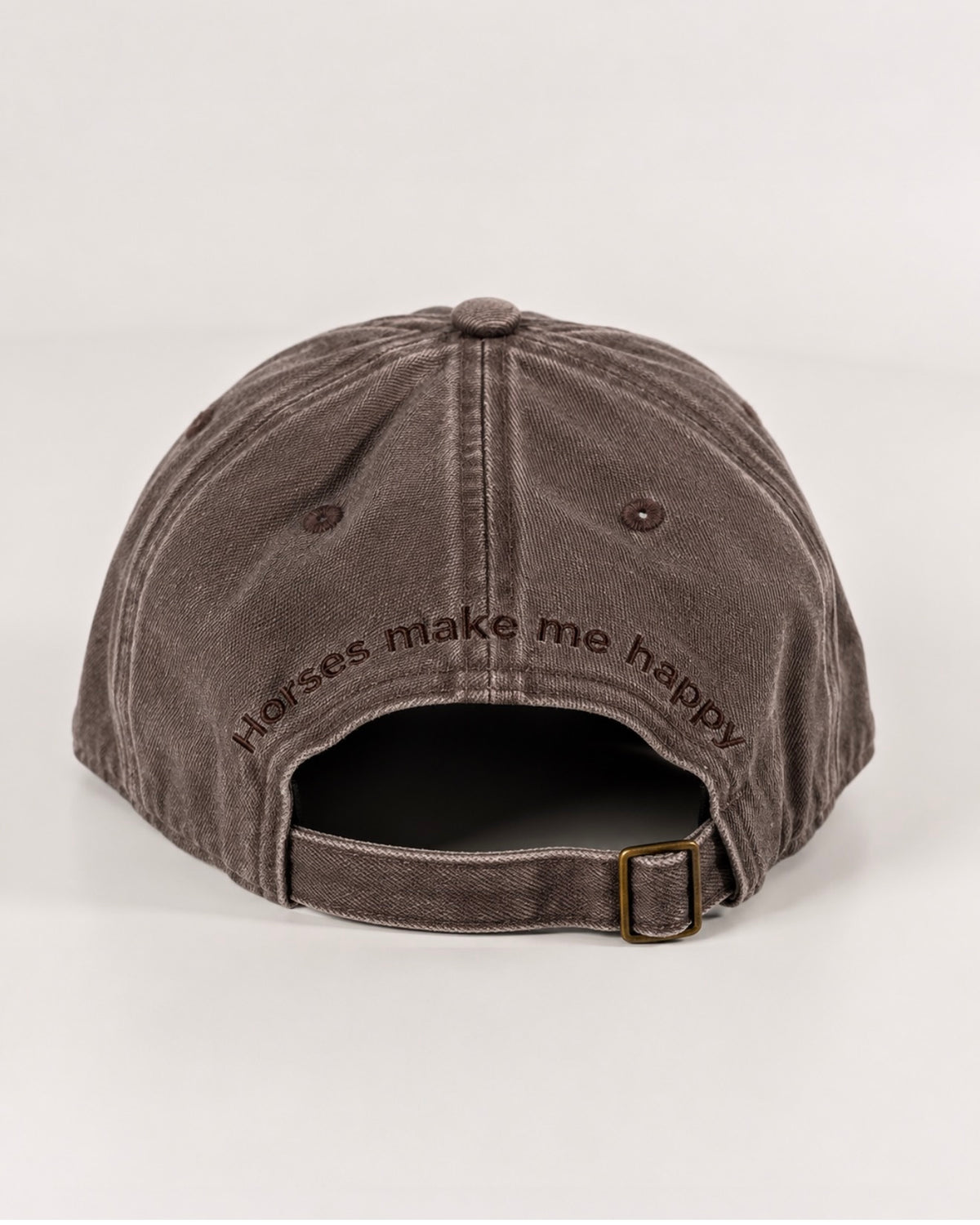 Horzehoods Brown cotton cap, back view showing the embroidered Horses Make Me Happy slogan and adjustable strap