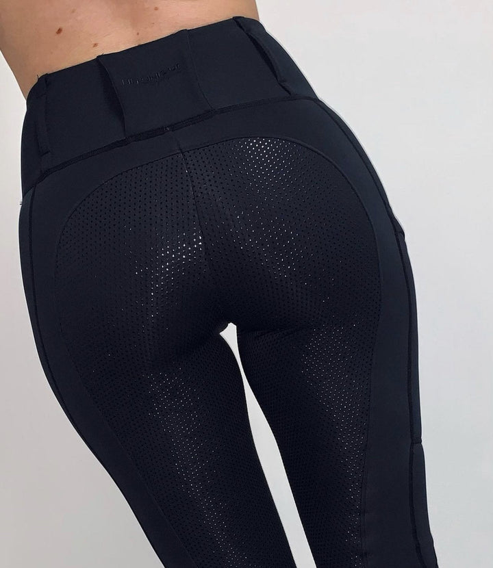 Back View showing full grip option and the fit and tailoring of HORZEHOODS® Black Luxe Equestrian Riding Leggings showcasing high-waist design