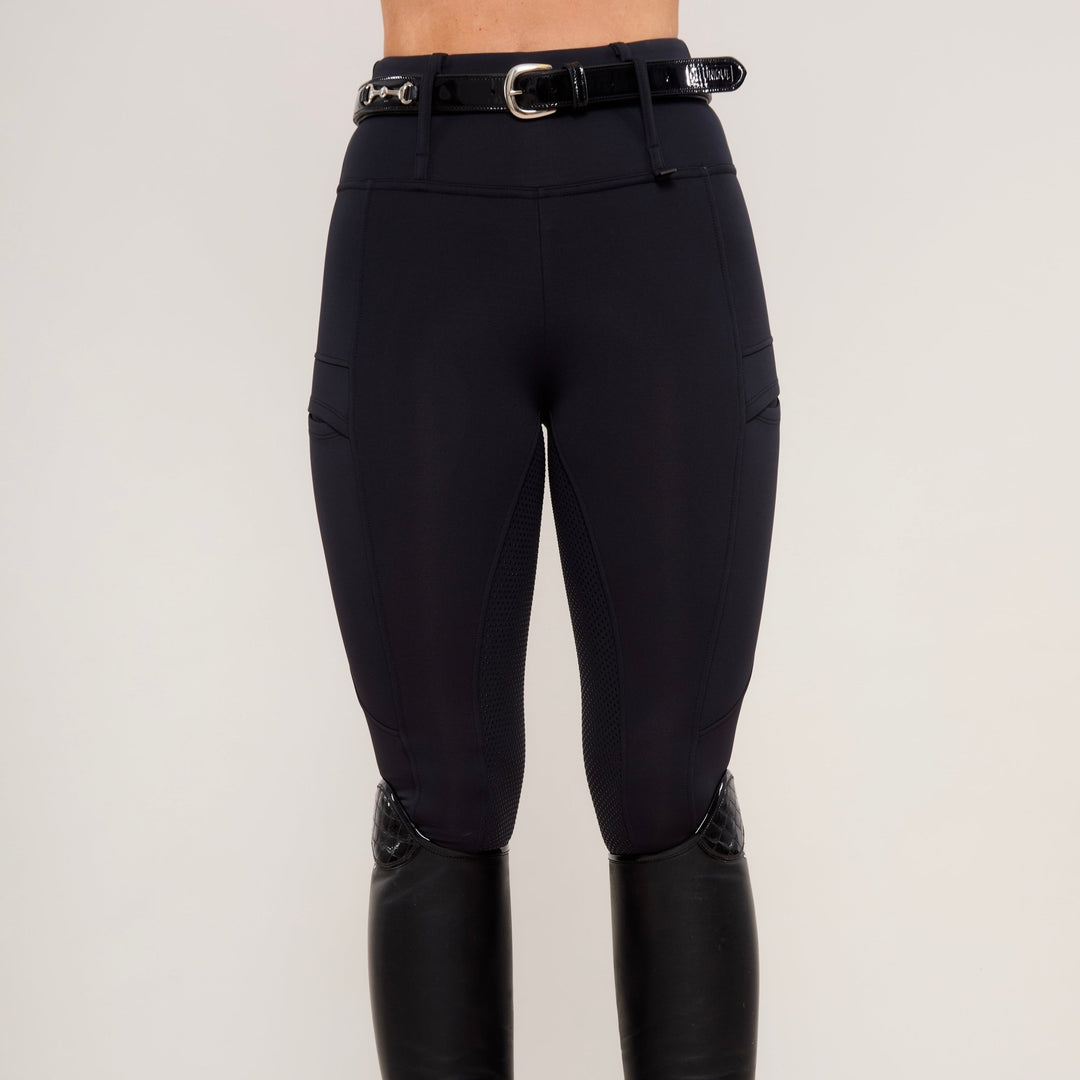 Front View of HORZEHOODS® Black Luxe Equestrian Riding Leggings showcasing high-waist design demonstrated using the matching leather snaffle belt