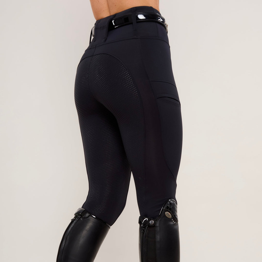 Back View of HORZEHOODS® Black Luxe Equestrian Riding Leggings showcasing high-waist design