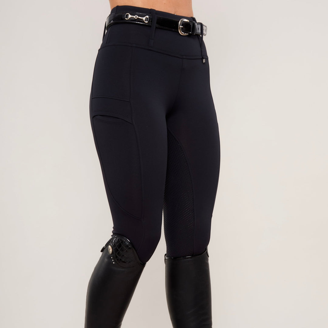 Front View of HORZEHOODS® Black Luxe Equestrian Riding Leggings showcasing high-waist design