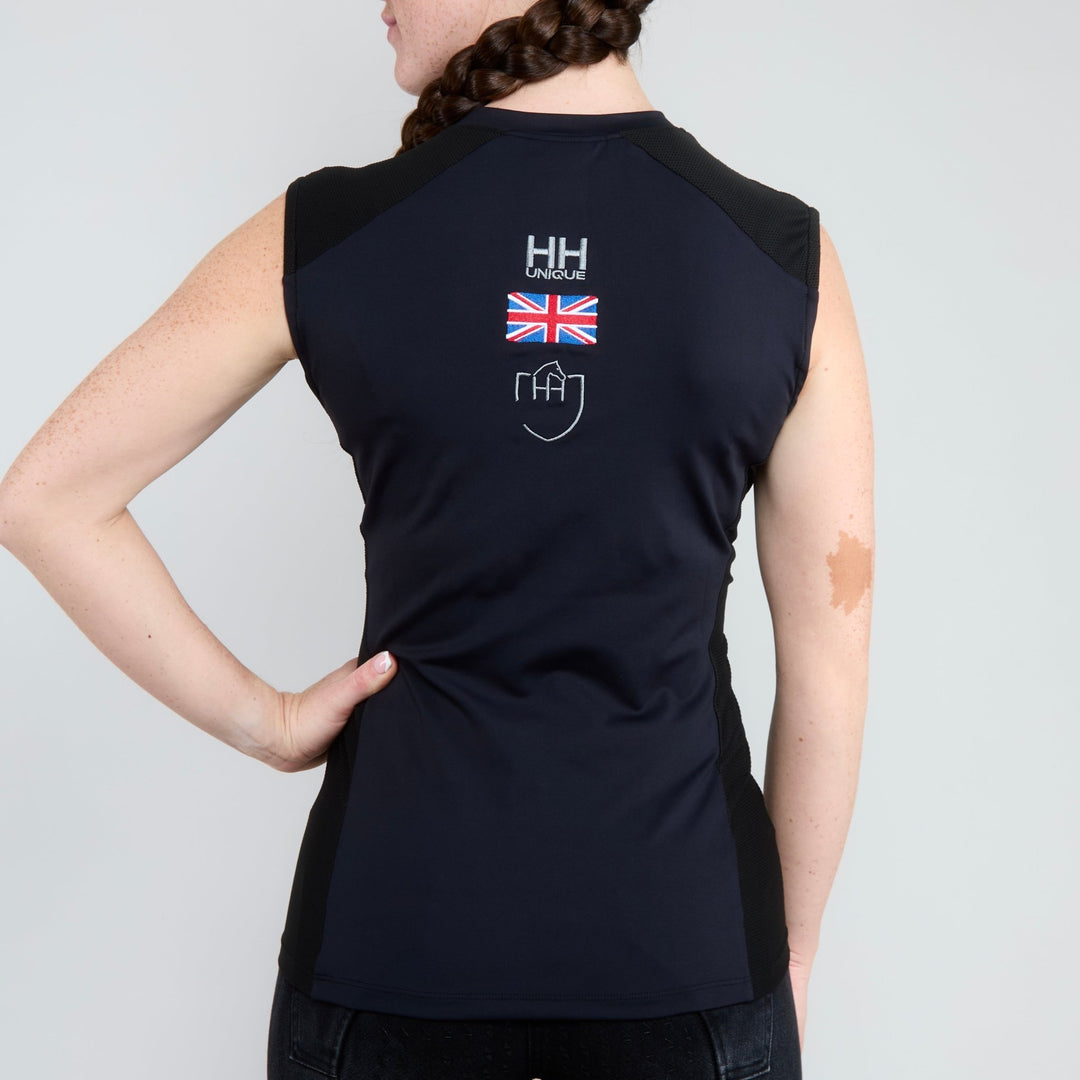 Back view of HORZEHOODS® Black Air2 Sleeveless Base Layer – Performance Embroidery on Spine for Stylish Equestrian Wear