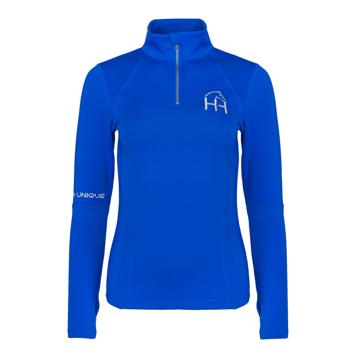 Front view of royal blue equestrian base layer top by horzehoods with white accents 