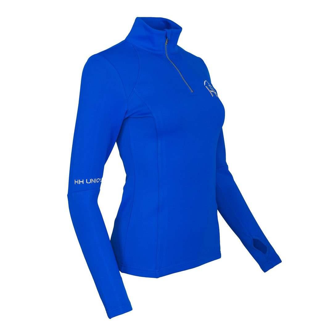 Side view of HORZEHOODS® Women's Blue Thermal Horse Riding Base Layer featuring a high-neck design, tailored fit, in blue