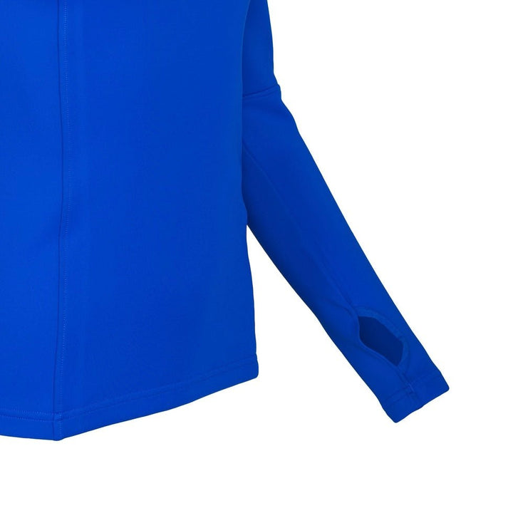 Close up view of thumb holes of blue base layer for equestrian ladies