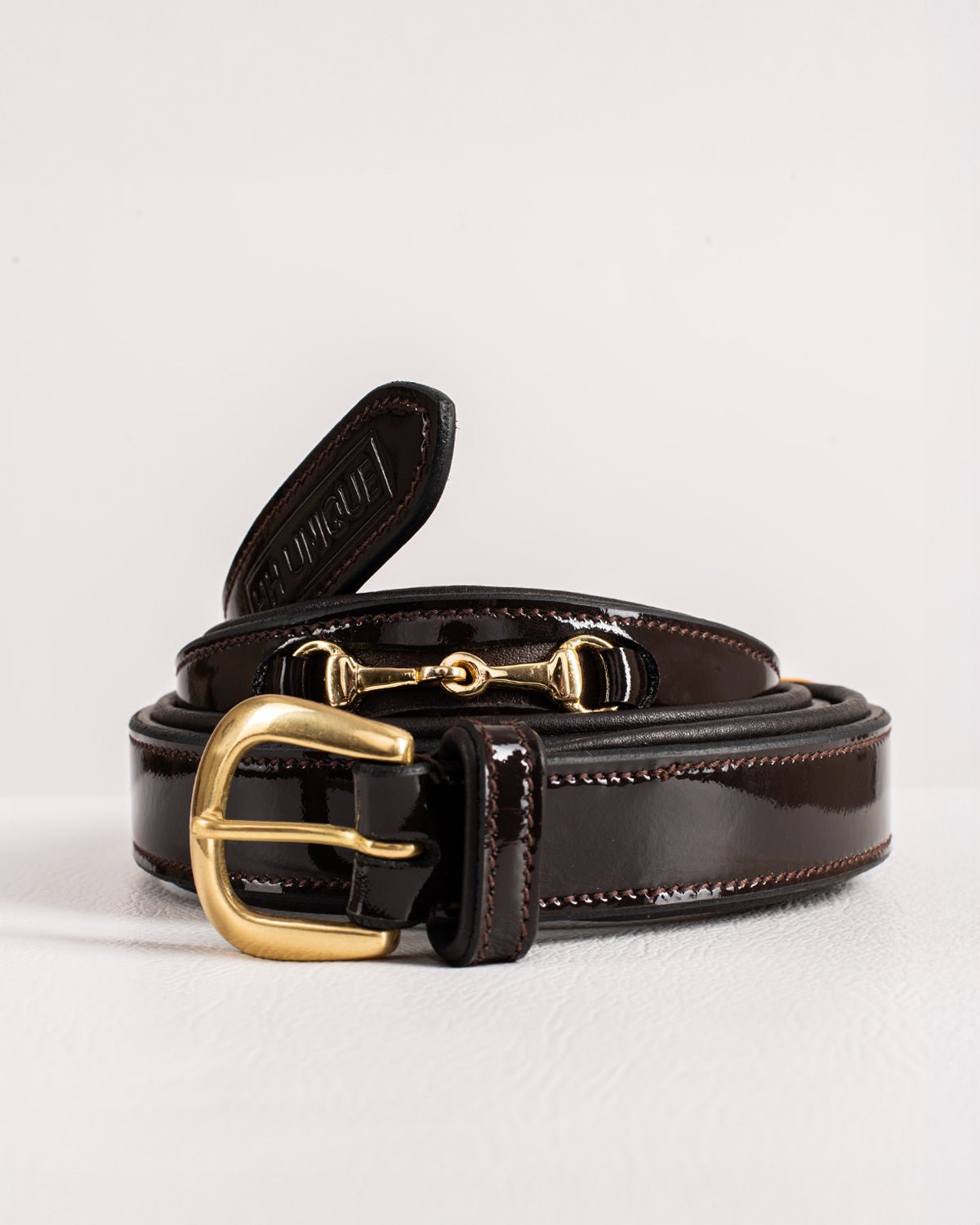 HORZEHOODS® Brown & Gold Patent Leather Luxury Snaffle Belt - Horzehoods