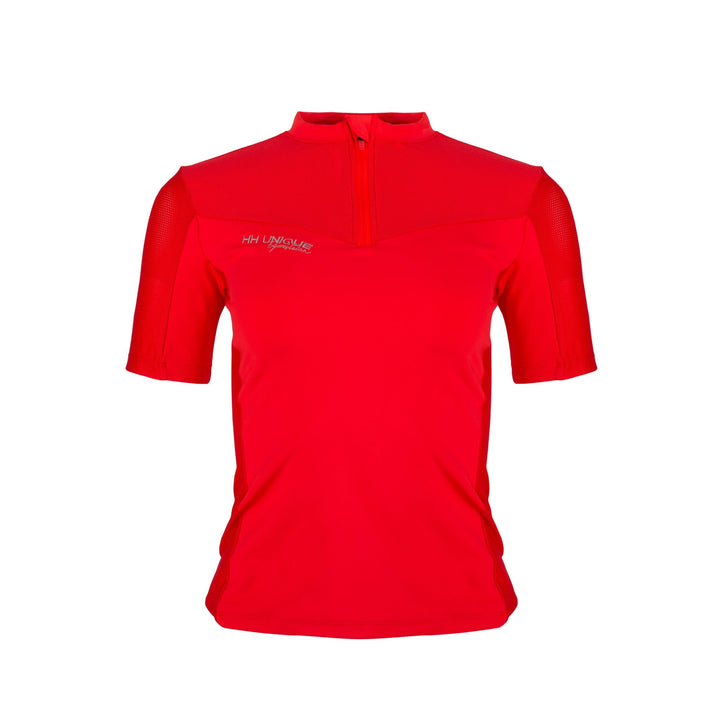 FRONT VIEW of horzehoods mesh red base layer with breathable shoulders and grey embroidery 