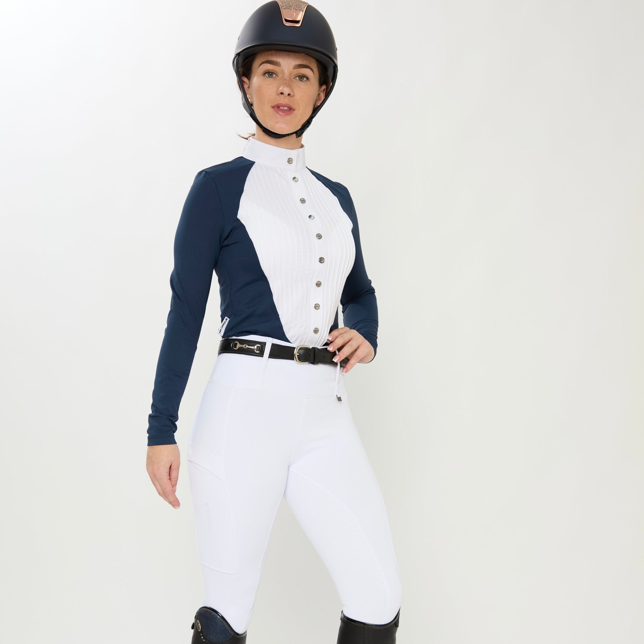 HORZEHOODS® Long Sleeve Classic Neck Tudor Competition Shirt – Navy/White Contrast - Horzehoods5056725016852